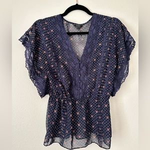 GUESS Sheer Floral Print Short Dropped Sleeve Blouse Top Shirt Size XS